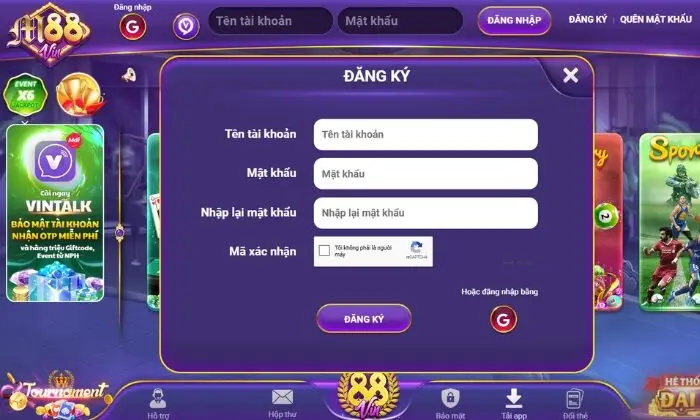 Giao diện đăng ký M88vin